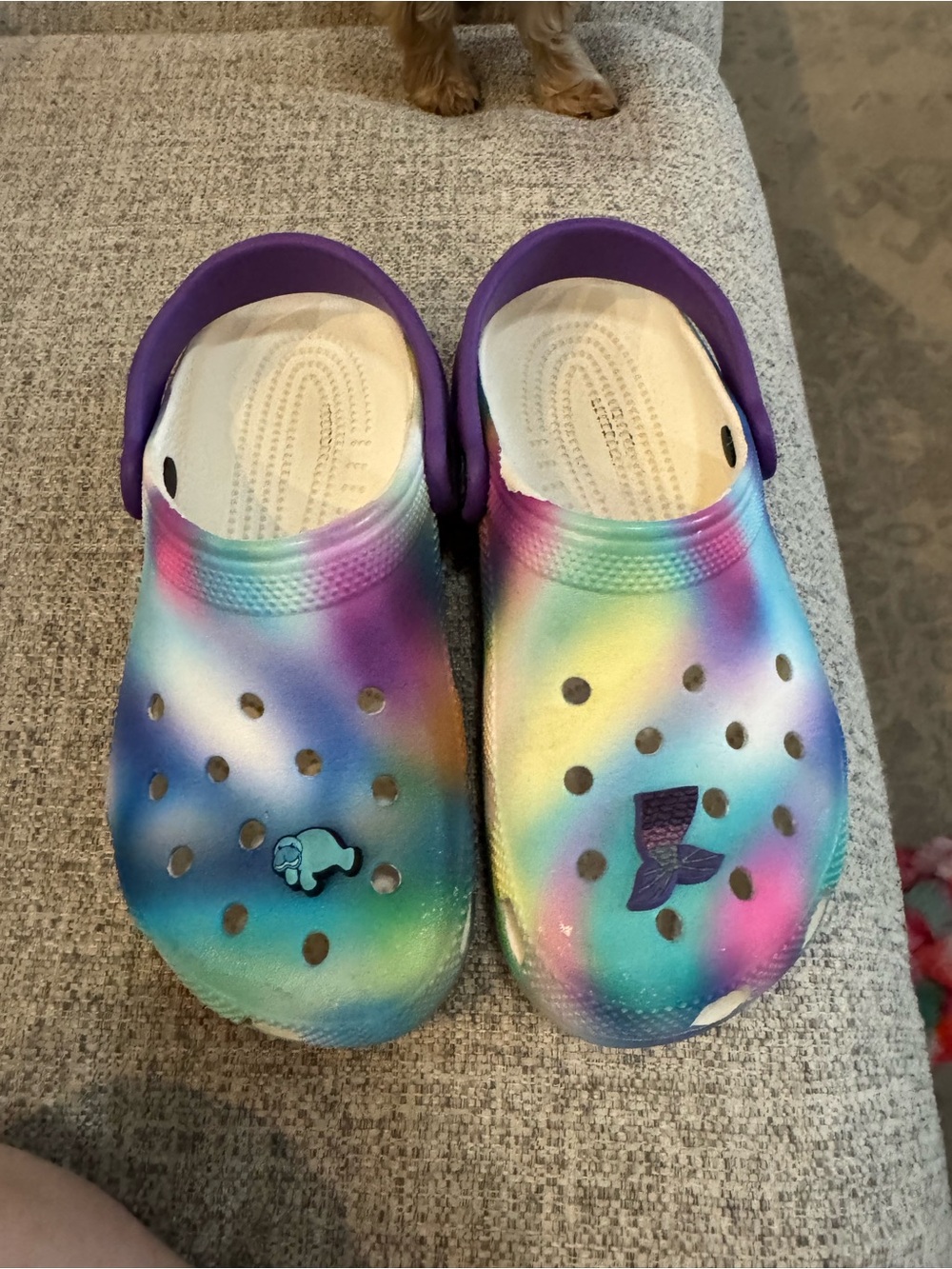 CROCS Kids Rainbow Tie-Dye Clogs with Purple Heel Strap